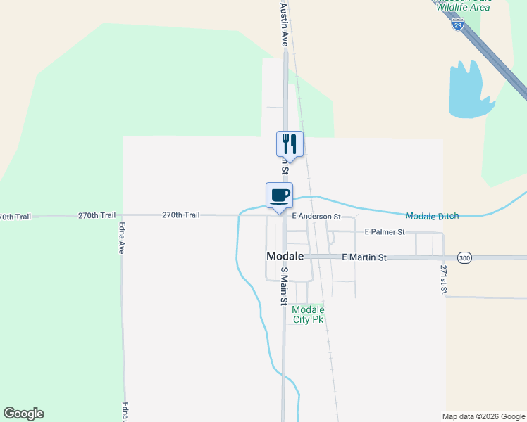 map of restaurants, bars, coffee shops, grocery stores, and more near 201 West Anderson Street in Modale