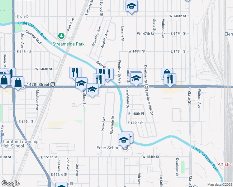 map of restaurants, bars, coffee shops, grocery stores, and more near 14721 Riverside Drive in South Holland