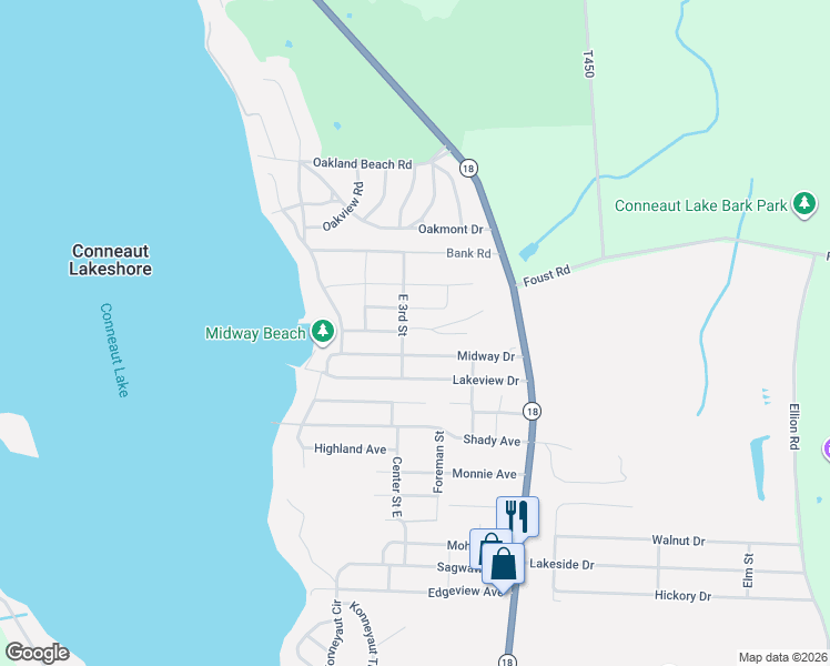 map of restaurants, bars, coffee shops, grocery stores, and more near 200-11998 Teifer Avenue in Conneaut Lake