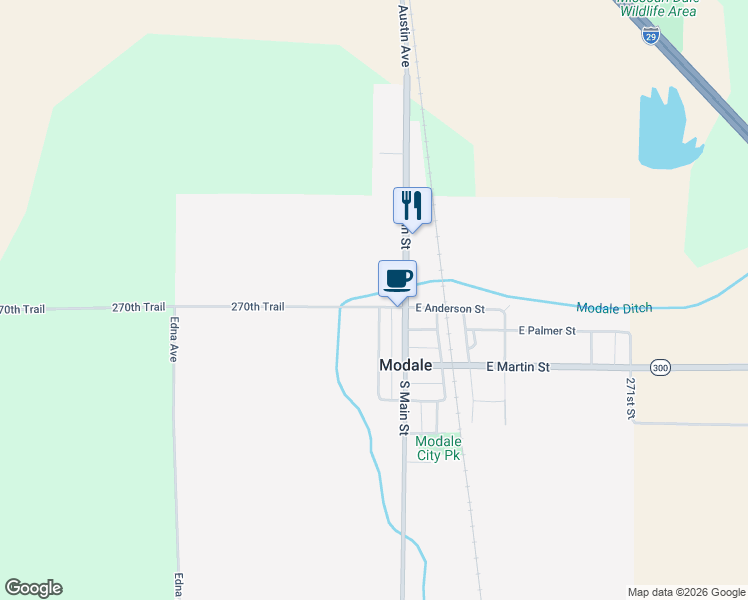 map of restaurants, bars, coffee shops, grocery stores, and more near 201 West Anderson Street in Modale
