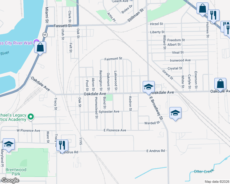 map of restaurants, bars, coffee shops, grocery stores, and more near 549 Oakdale Avenue in Toledo