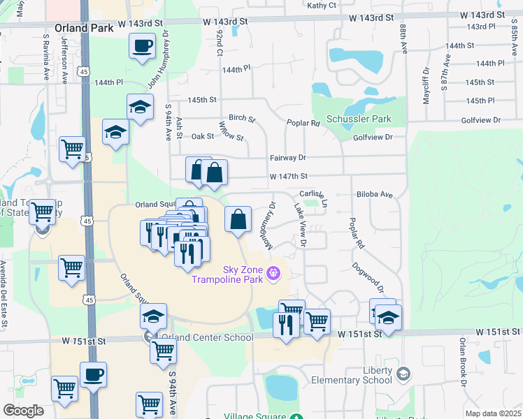 map of restaurants, bars, coffee shops, grocery stores, and more near 9217 Dexter Court in Orland Park