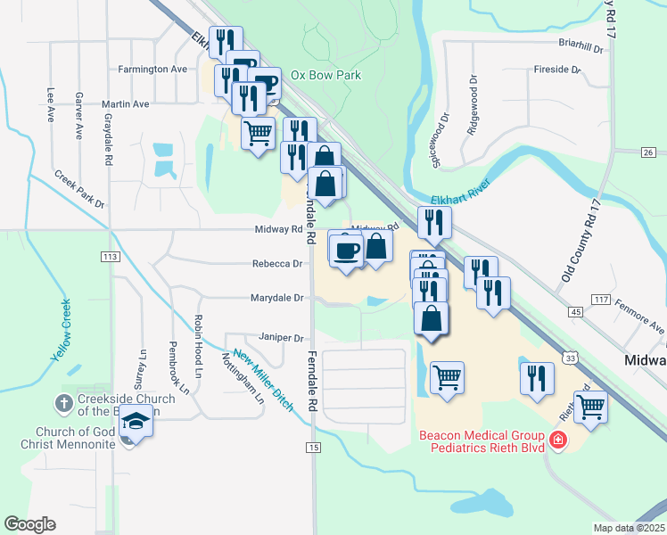 map of restaurants, bars, coffee shops, grocery stores, and more near 3938 Midway Road in Goshen