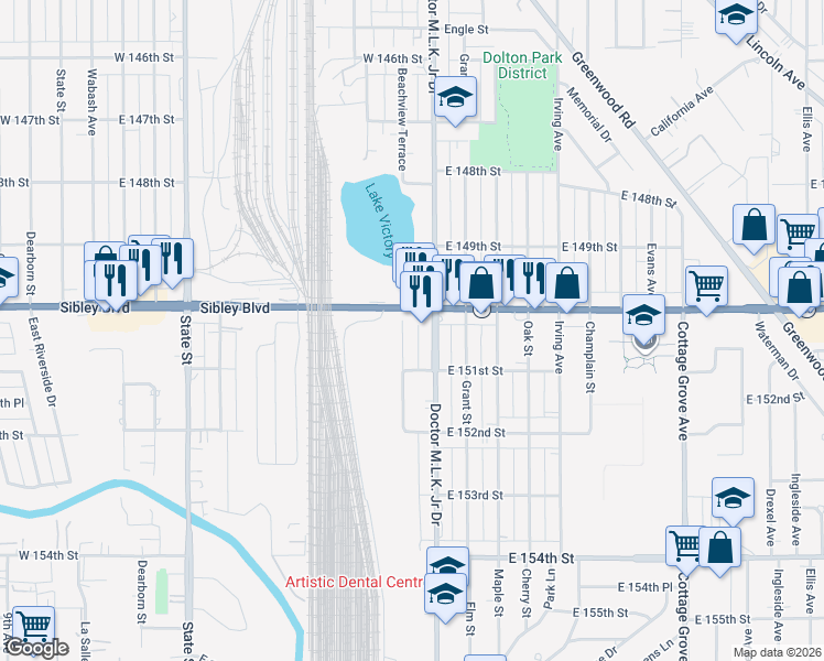 map of restaurants, bars, coffee shops, grocery stores, and more near 15012 Beachview Terrace in Dolton