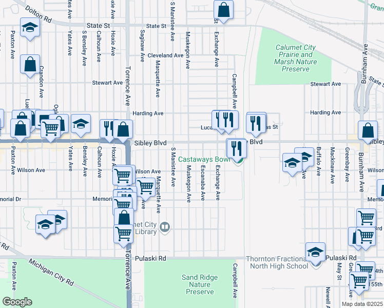 map of restaurants, bars, coffee shops, grocery stores, and more near 501 Muskegon Avenue in Calumet City
