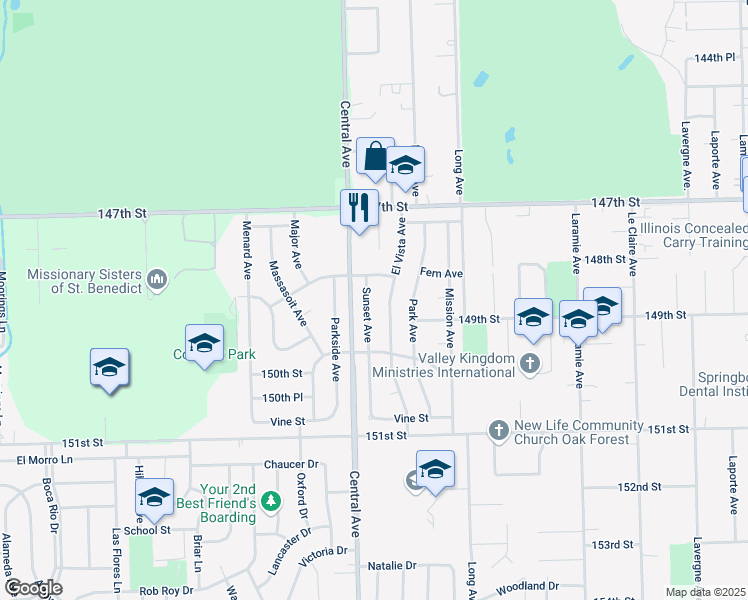 map of restaurants, bars, coffee shops, grocery stores, and more near 14824 Sunset Avenue in Oak Forest