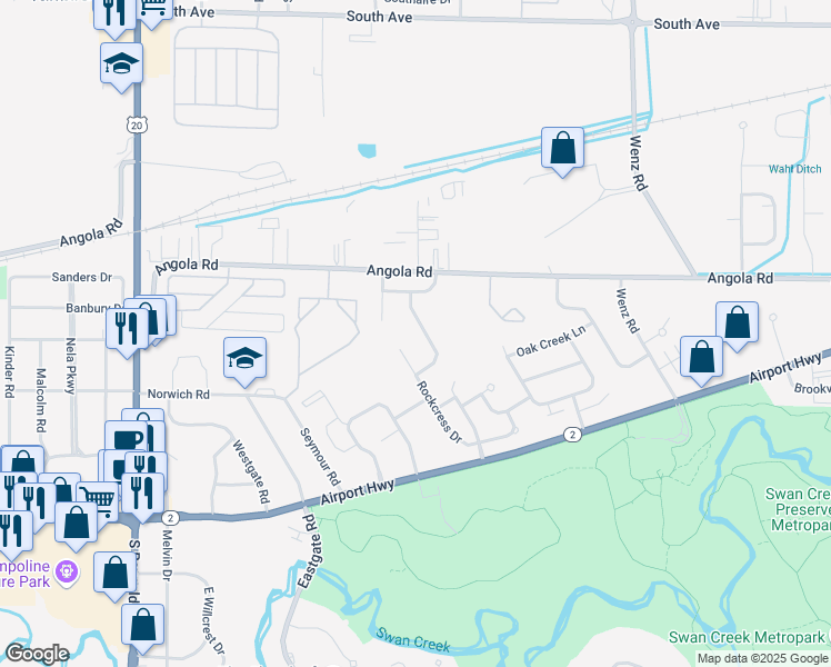 map of restaurants, bars, coffee shops, grocery stores, and more near 1040 Steeplebush Dr in Toledo