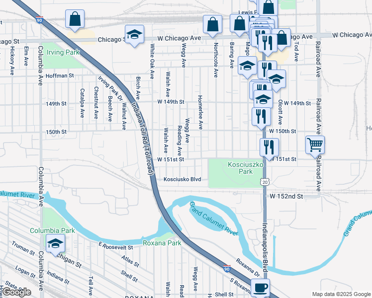 map of restaurants, bars, coffee shops, grocery stores, and more near 1301 Pulaski Place in East Chicago