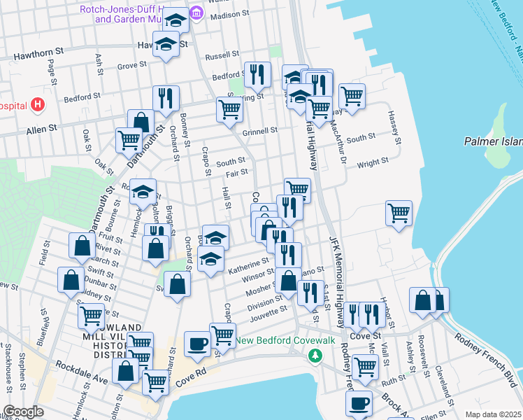 map of restaurants, bars, coffee shops, grocery stores, and more near 194 County Street in New Bedford