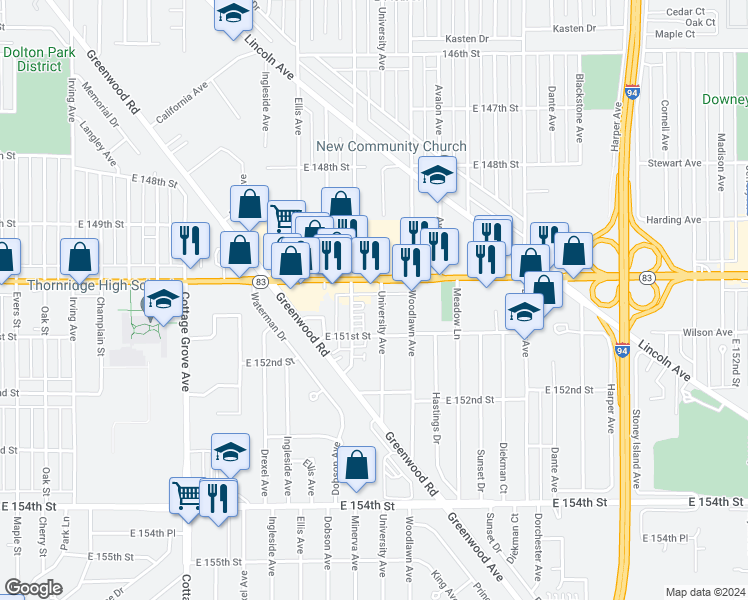 map of restaurants, bars, coffee shops, grocery stores, and more near 15016 University Avenue in Dolton