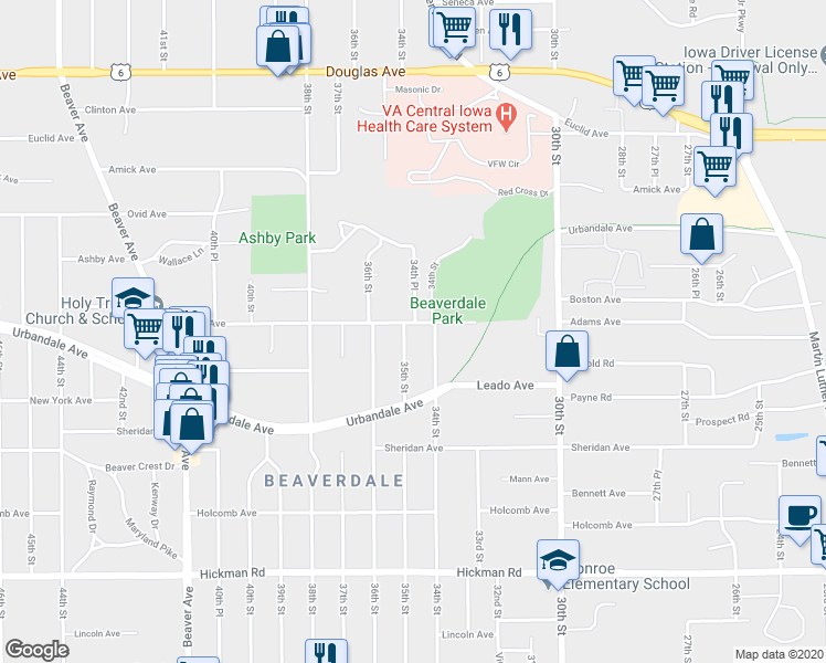 map of restaurants, bars, coffee shops, grocery stores, and more near 2929 35th Street in Des Moines