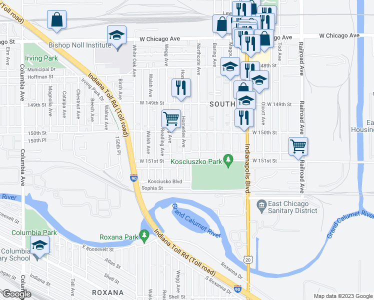 map of restaurants, bars, coffee shops, grocery stores, and more near 5031 Homerlee Avenue in East Chicago