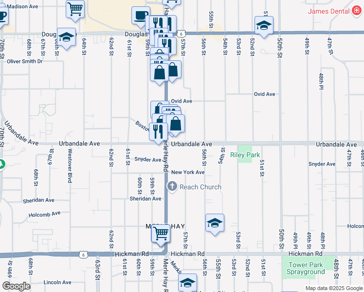 map of restaurants, bars, coffee shops, grocery stores, and more near 5700 Urbandale Avenue in Des Moines