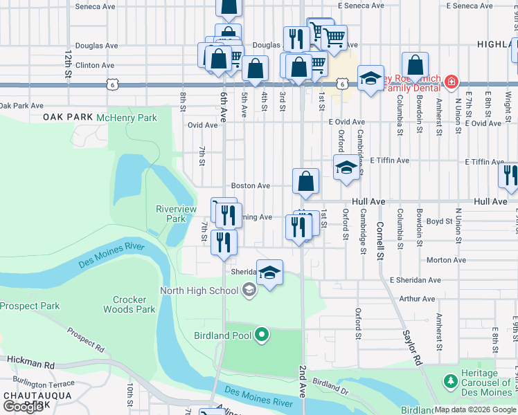 map of restaurants, bars, coffee shops, grocery stores, and more near 2908 4th Street in Des Moines