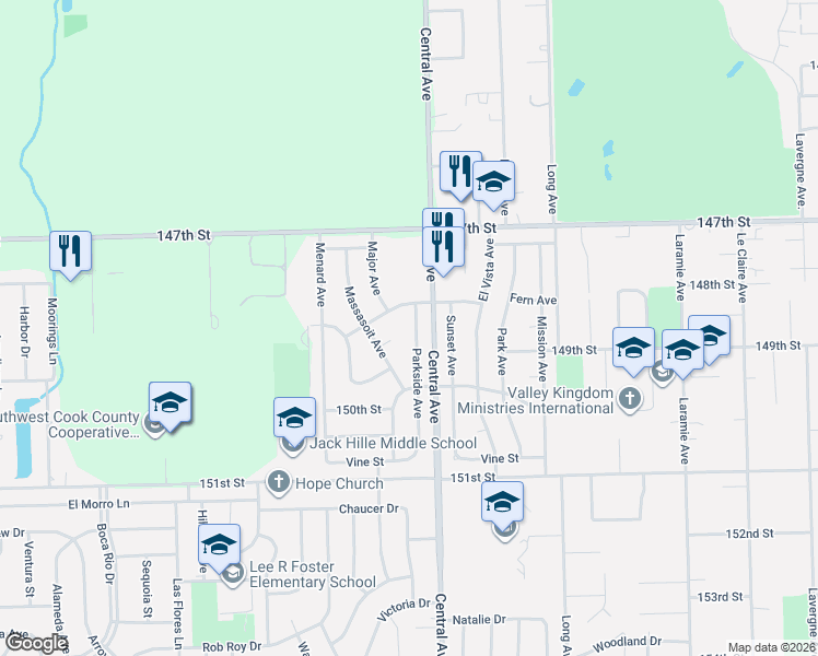 map of restaurants, bars, coffee shops, grocery stores, and more near 14812 Parkside Avenue in Oak Forest