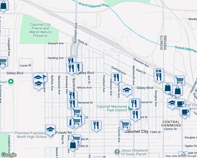 map of restaurants, bars, coffee shops, grocery stores, and more near 497 Gordon Avenue in Calumet City