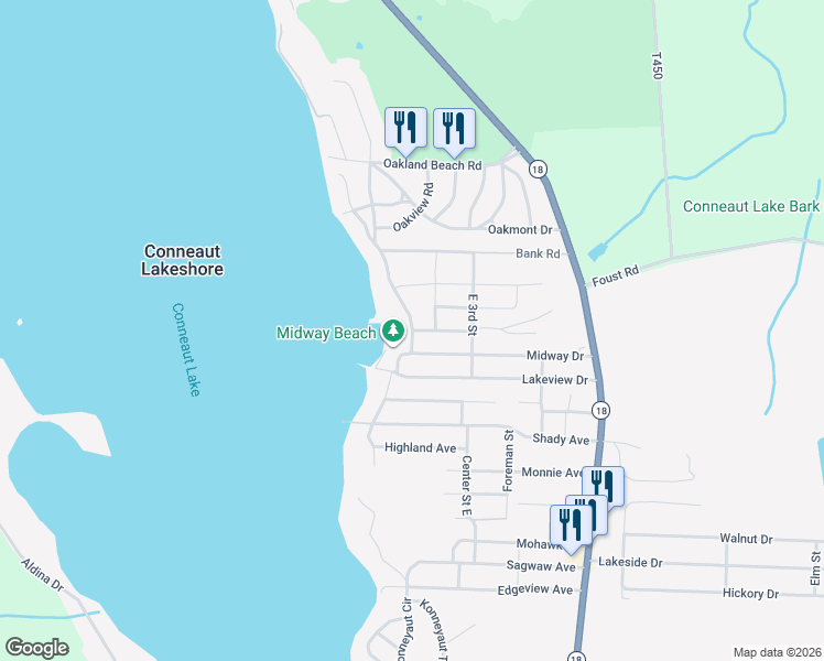 map of restaurants, bars, coffee shops, grocery stores, and more near 11401 E 1st St in Conneaut Lake