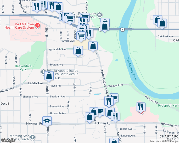 map of restaurants, bars, coffee shops, grocery stores, and more near 2425 Adams Avenue in Des Moines