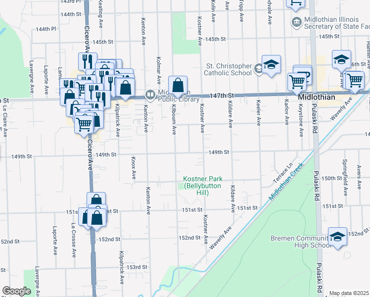 map of restaurants, bars, coffee shops, grocery stores, and more near 14850 Kenneth Avenue in Midlothian