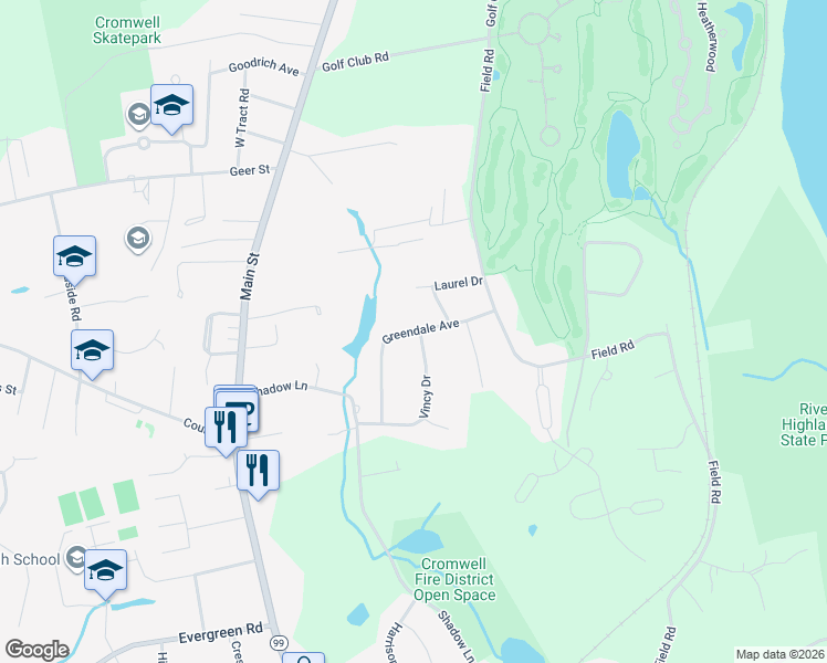 map of restaurants, bars, coffee shops, grocery stores, and more near 14 Greendale Avenue in Cromwell