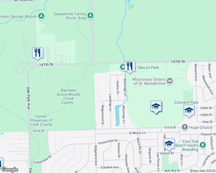 map of restaurants, bars, coffee shops, grocery stores, and more near 14838 Landings Lane in Oak Forest