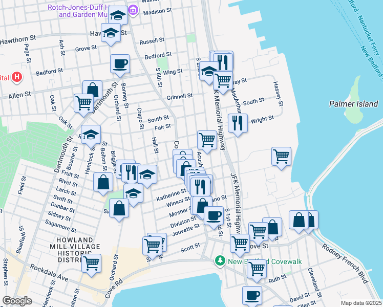 map of restaurants, bars, coffee shops, grocery stores, and more near 71 Acushnet Avenue in New Bedford