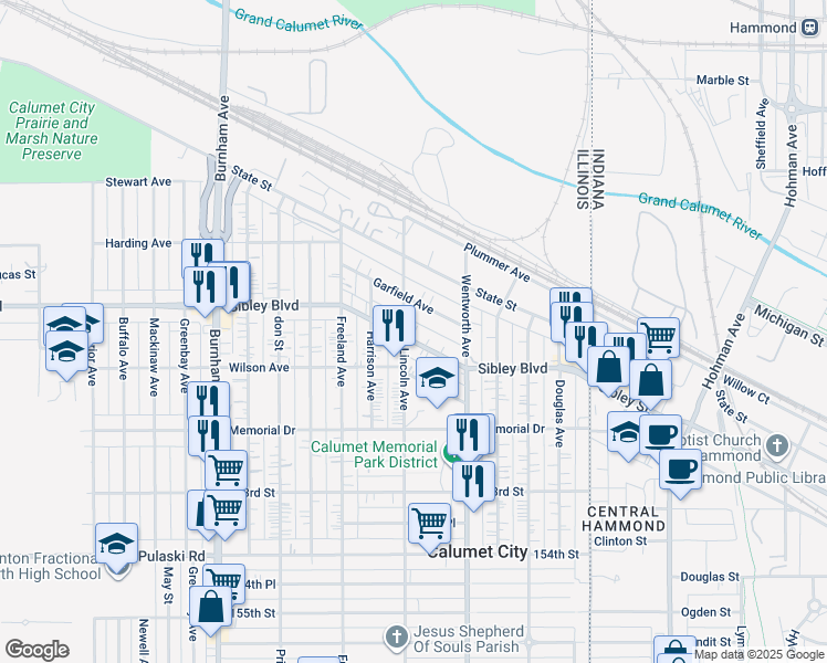 map of restaurants, bars, coffee shops, grocery stores, and more near 500 Sibley Boulevard in Calumet City