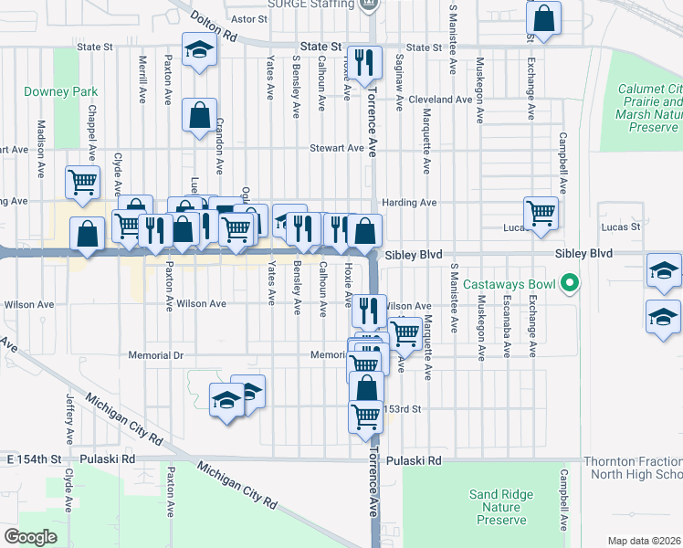 map of restaurants, bars, coffee shops, grocery stores, and more near 499 Calhoun Avenue in Calumet City