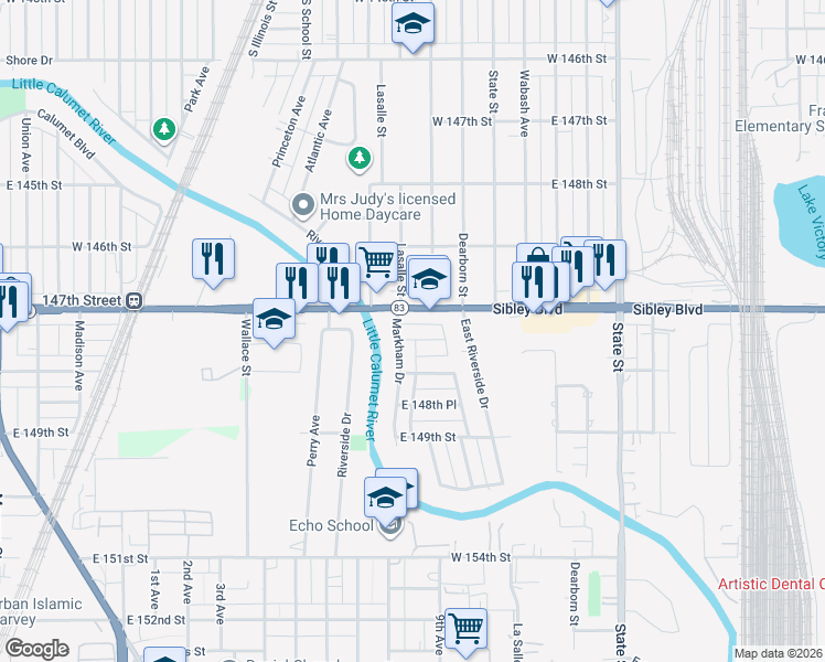 map of restaurants, bars, coffee shops, grocery stores, and more near 14719 Markham Drive in Harvey