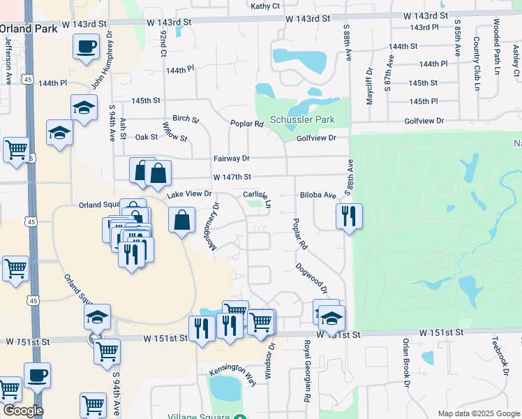 map of restaurants, bars, coffee shops, grocery stores, and more near 9102 Franklin Court in Orland Park