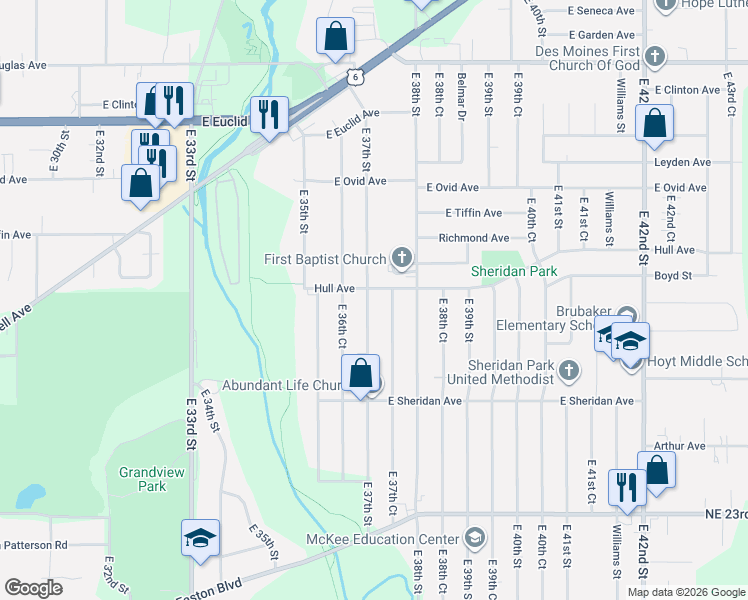 map of restaurants, bars, coffee shops, grocery stores, and more near 2912 East 37th Court in Des Moines