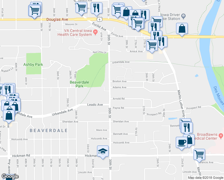 map of restaurants, bars, coffee shops, grocery stores, and more near 2927 30th Street in Des Moines