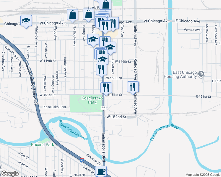 map of restaurants, bars, coffee shops, grocery stores, and more near 5032 Olcott Avenue in East Chicago