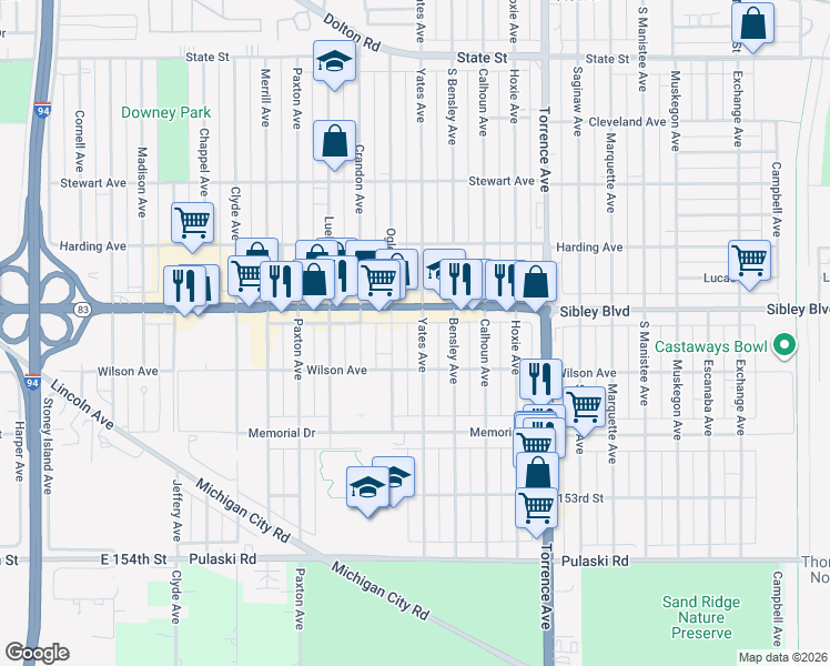 map of restaurants, bars, coffee shops, grocery stores, and more near 498 Yates Avenue in Calumet City