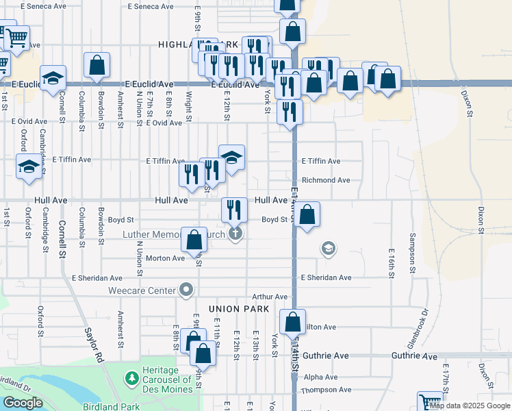 map of restaurants, bars, coffee shops, grocery stores, and more near 1309 Hull Avenue in Des Moines