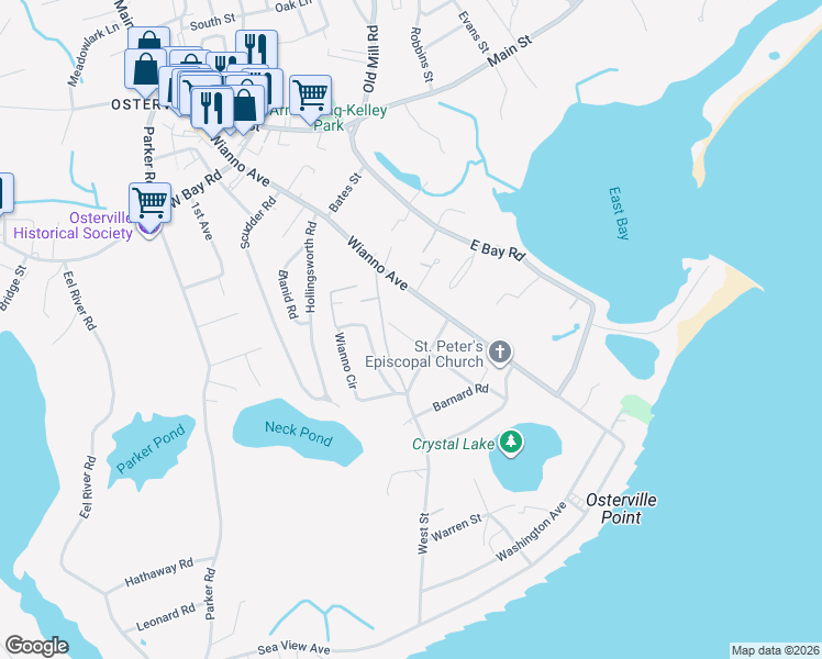 map of restaurants, bars, coffee shops, grocery stores, and more near 30 Mayflower Lane in Barnstable