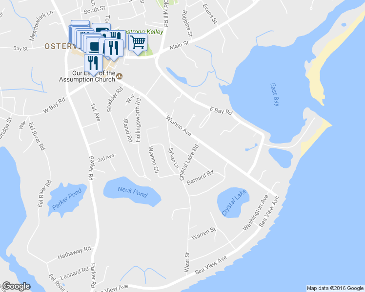 map of restaurants, bars, coffee shops, grocery stores, and more near 30 Mayflower Lane in Osterville