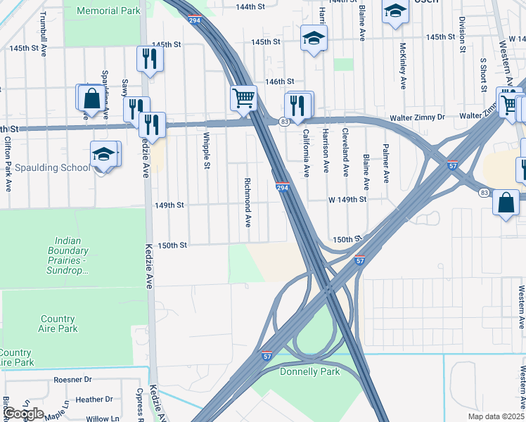 map of restaurants, bars, coffee shops, grocery stores, and more near 14908 San Francisco Avenue in Posen