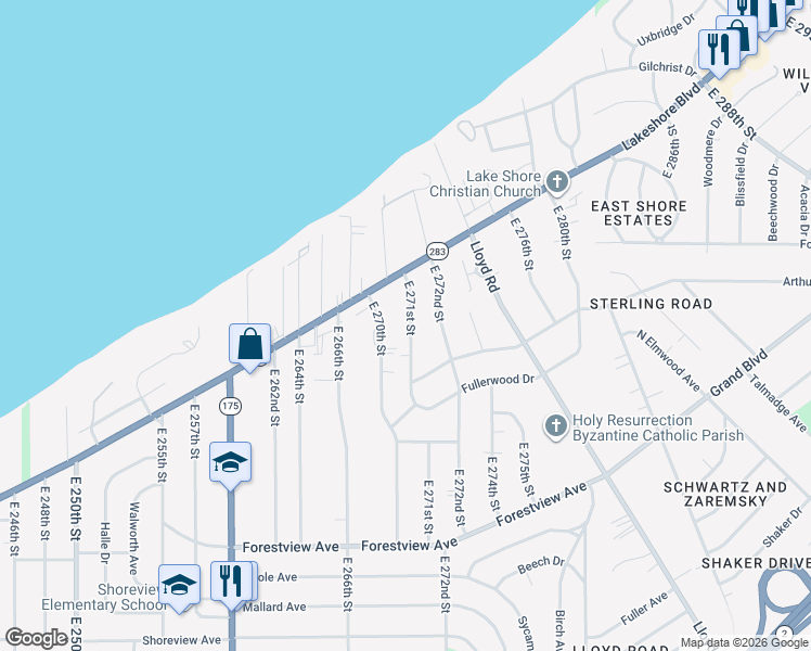 map of restaurants, bars, coffee shops, grocery stores, and more near 266 East 271st Street in Euclid