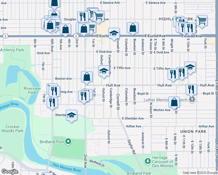 map of restaurants, bars, coffee shops, grocery stores, and more near 2916 Cambridge Street in Des Moines