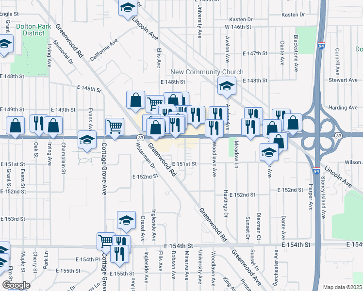 map of restaurants, bars, coffee shops, grocery stores, and more near 15012 Minerva Avenue in Dolton