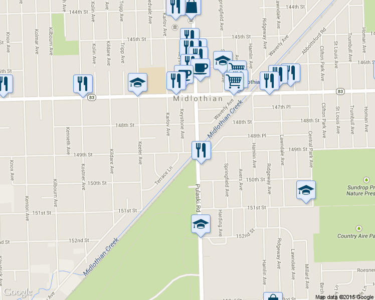 map of restaurants, bars, coffee shops, grocery stores, and more near 14857 Keystone Avenue in Midlothian