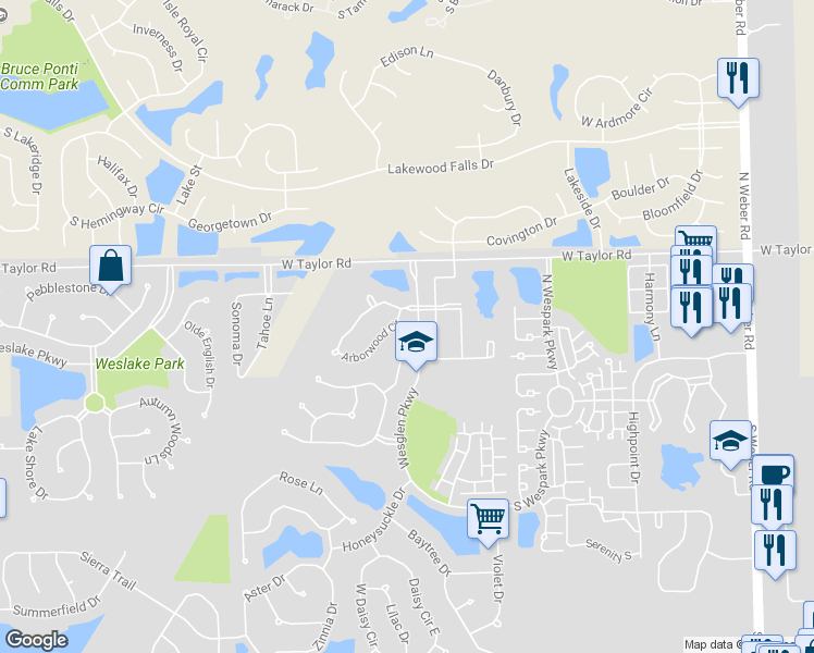 map of restaurants, bars, coffee shops, grocery stores, and more near 1636 Arborwood Circle in Romeoville