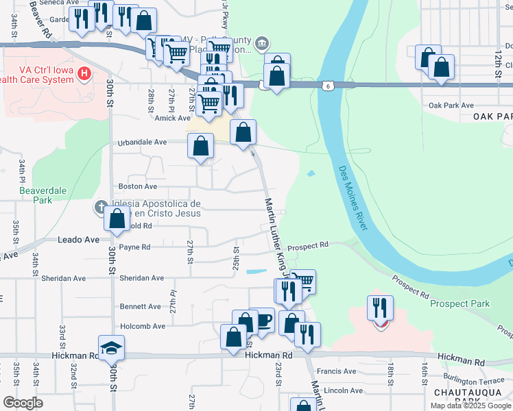map of restaurants, bars, coffee shops, grocery stores, and more near 2329 Adams Avenue in Des Moines