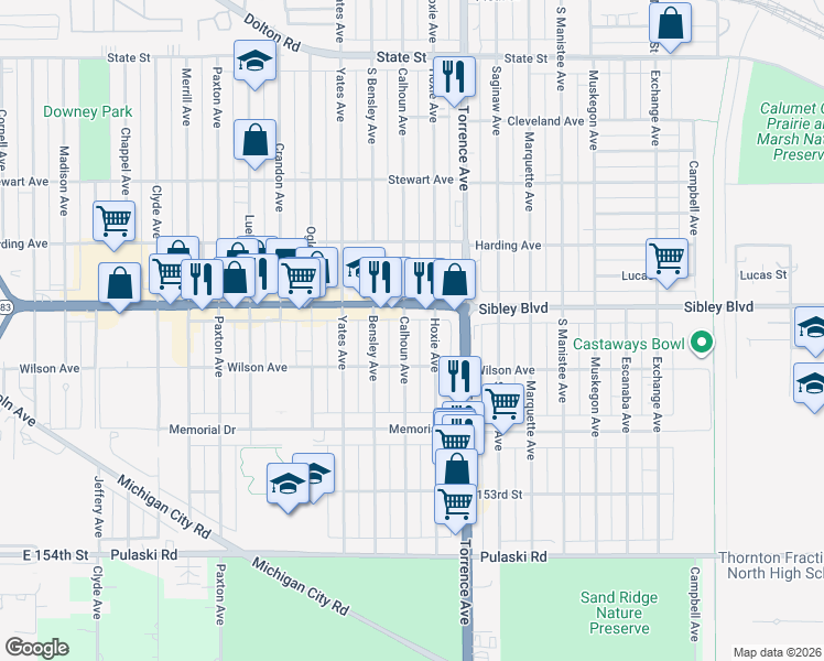 map of restaurants, bars, coffee shops, grocery stores, and more near 499 Calhoun Avenue in Calumet City