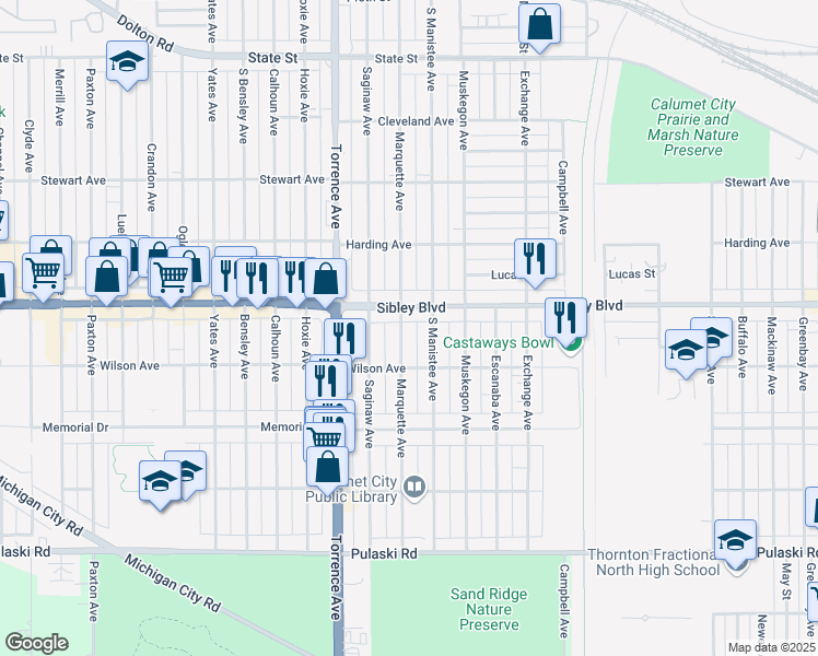 map of restaurants, bars, coffee shops, grocery stores, and more near 497 Marquette Avenue in Calumet City