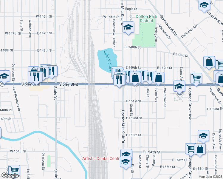 map of restaurants, bars, coffee shops, grocery stores, and more near 15012 Beachview Terrace in Dolton