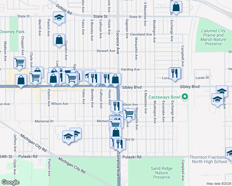 map of restaurants, bars, coffee shops, grocery stores, and more near 498 Torrence Avenue in Calumet City