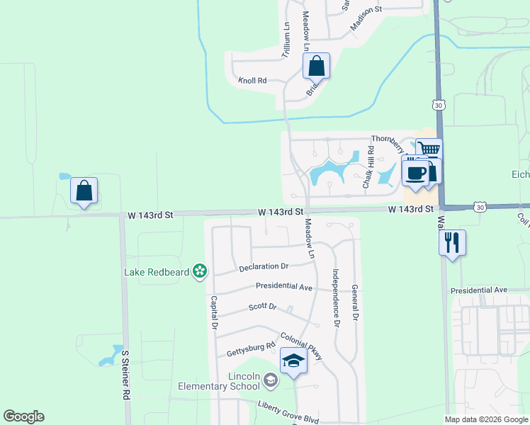 map of restaurants, bars, coffee shops, grocery stores, and more near 25820 West 143rd Street in Plainfield
