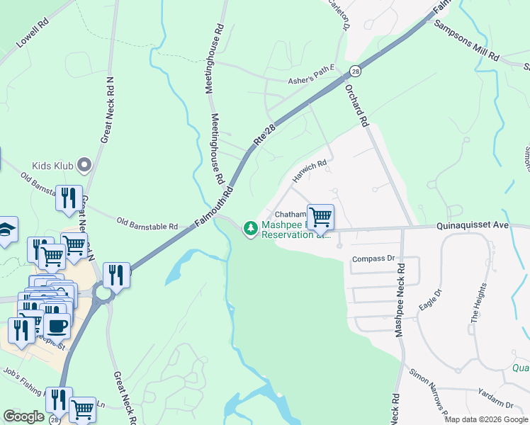 map of restaurants, bars, coffee shops, grocery stores, and more near 14 Brewster Road in Mashpee
